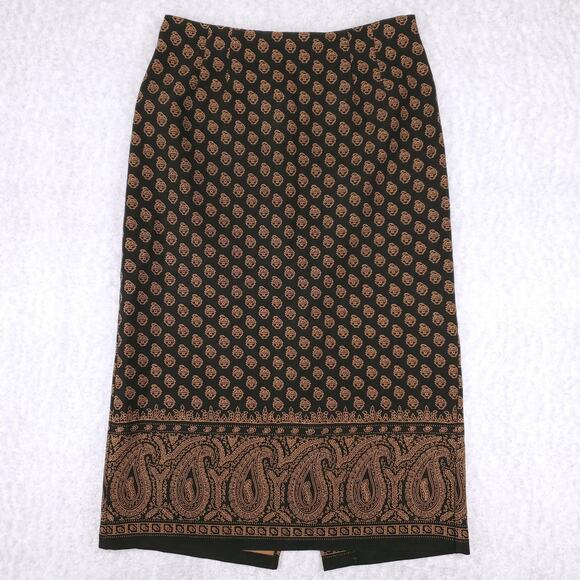 Briggs Aztec Paisley Maxi Skirt Sz 16 Black Brown Zip Slit Back Boho Flowy - Picture 1 of 8